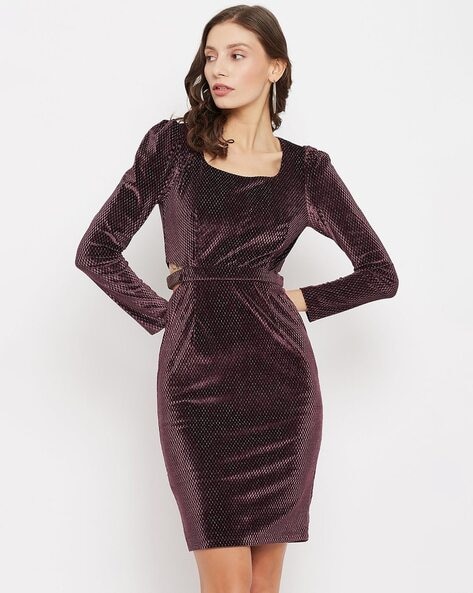 Burgundy velvet square neck best sale bodycon dress