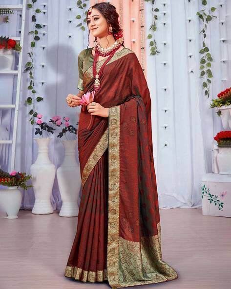 Wedding Shop Online Lace Plain Soft Silk Wine Maroon Saree|SARV128267