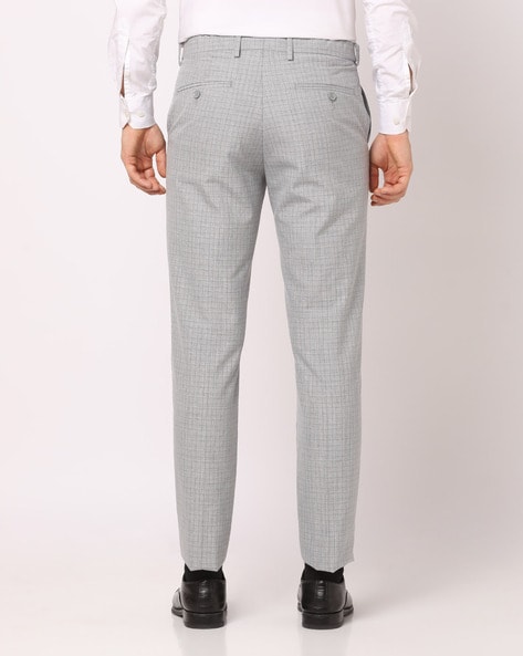 Buy Men Grey Slim Fit Check Flat Front Formal Trousers Online - 858955