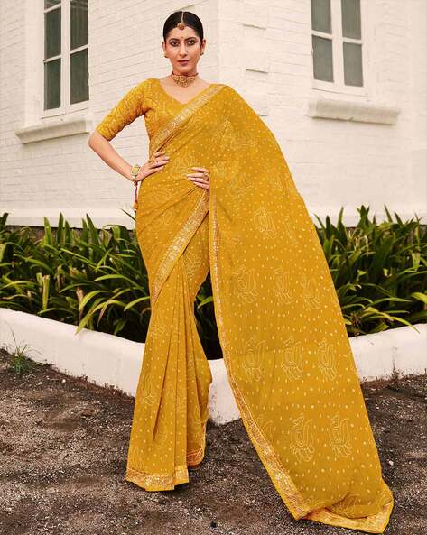 Buy Yellow Saree With Contrast Blouse for Women Online from