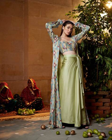 Mint Green Embroidered Net Crop Top With Net Lehenga Skirt  Rent   Glamourental