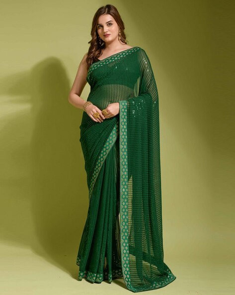 Dark Green Satin Georgette Party Wear Saree With Border 22013 | Party wear  sarees online, Saree designs, Chiffon saree