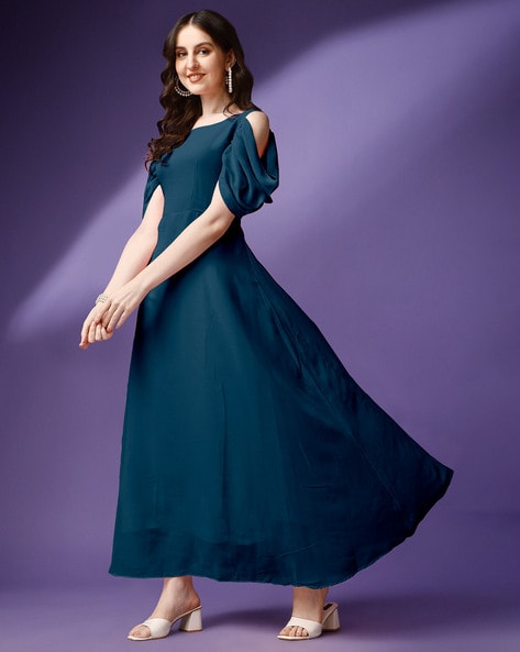 Teal Frilled Cold Shoulder Silky Short Dress