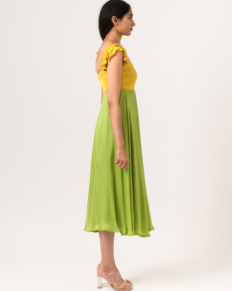 Buy Neora Yellow Green Umbrella Cut Dress with Patterned Sleeves | Yellow &  Green Color Women | AJIO LUXE