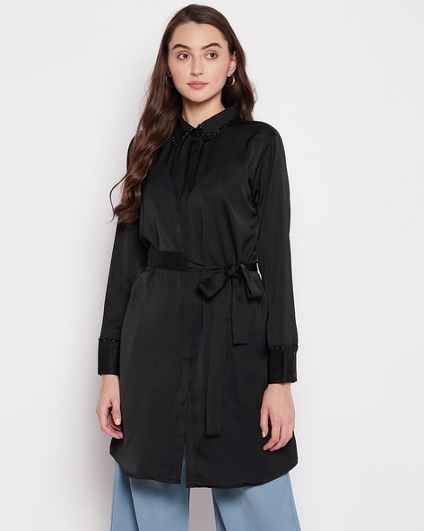 Long shirt with belt best sale