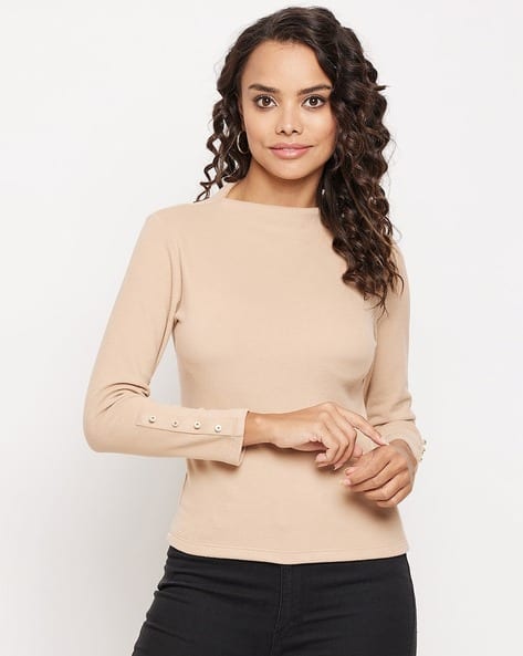 Boat-Neck Top with Button Sleeves