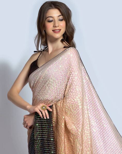 Buy Cream Georgette Zari Embroidered Bandhani Saree Online - Karmaplace