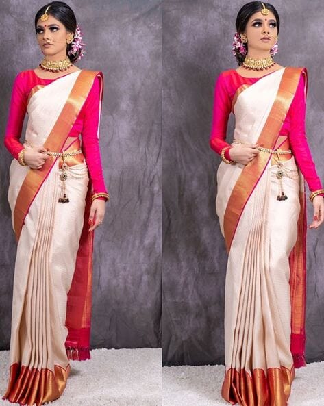 Blush Pink And White Soft Silk Saree With Blouse – Sareewave