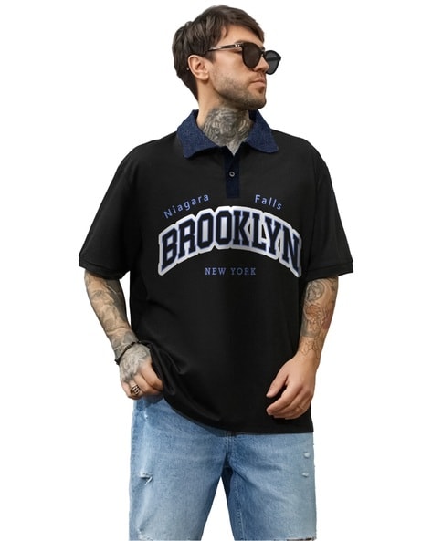 Typographic Print Boxy Fit Polo T-Shirt