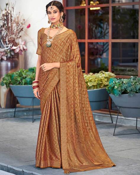 Brown Satin Saree In Stone Work & Blouse Latest 4948SR06