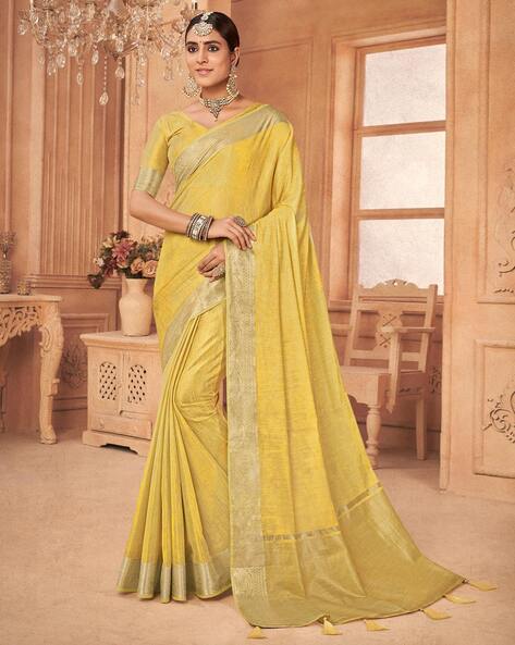 Delightful Yellow and Orange Festive Tissue Silk Saree