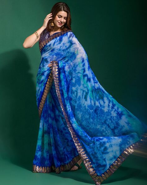 Blue & White Tie and Dye Poly Chiffon Saree – Inddus.com