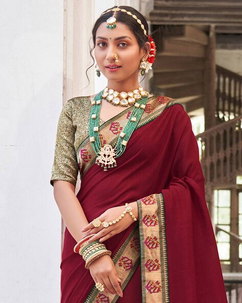 Pre-Stitched Satin Embellished Maroon Saree – Glamwiz India