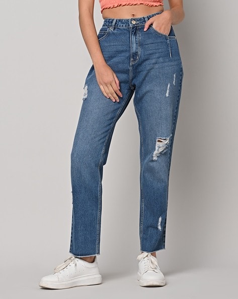 Buy Blue High Rise Ripped Mom Jeans For Women Online in India
