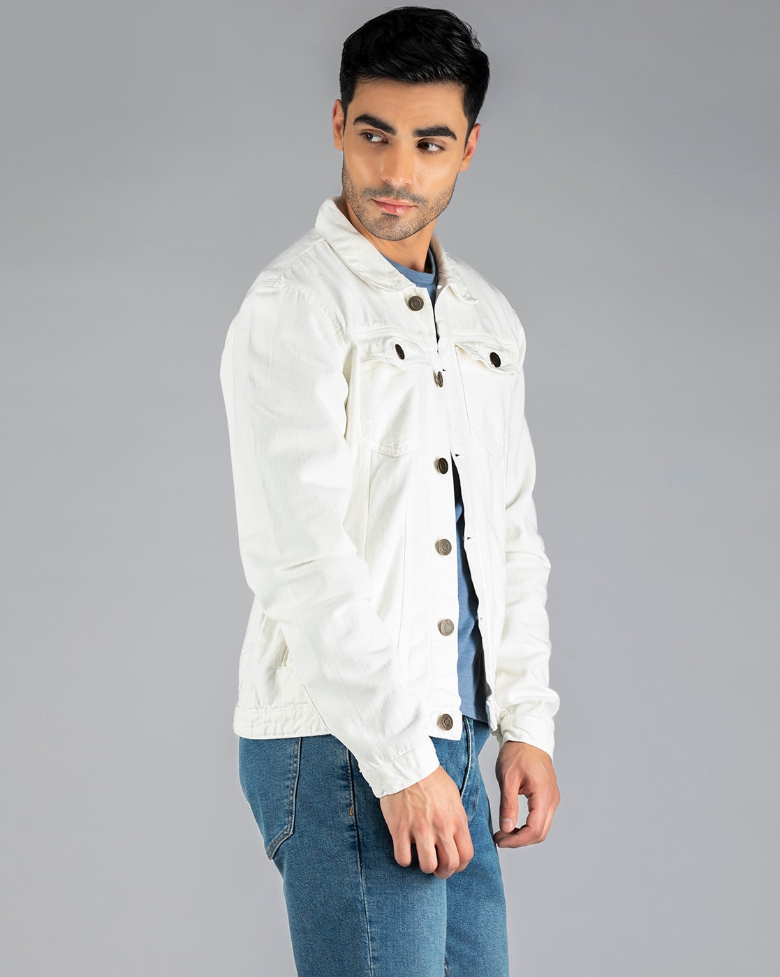 Buy Blue Denim Colourblocked Sleeve Jacket for Men