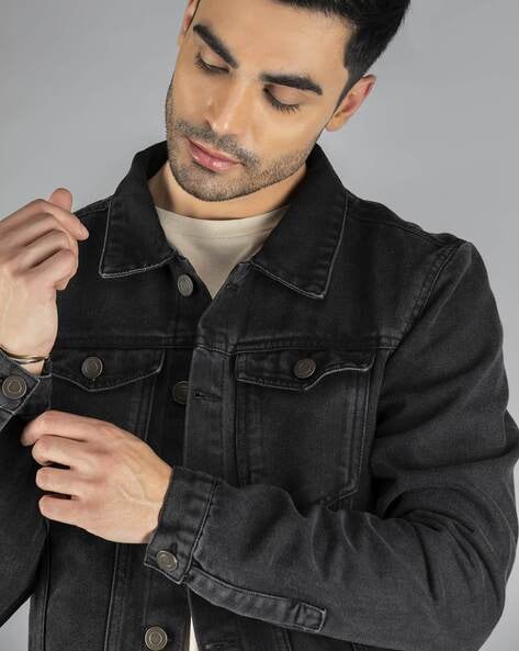 Buy Bareskin Men's Front Flap Pocket Black Woolen Rib Jacket at Amazon.in