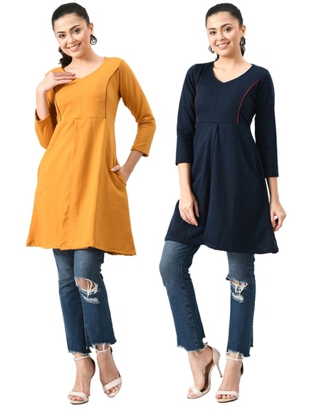 Buy Heel International Women's Cotton Blend Kurti Combo I 3/4 Sleeve I  Ladies Casual Kurti with Button Style & Round Neck (Color - Orange &Grey,  Size - M) at Amazon.in