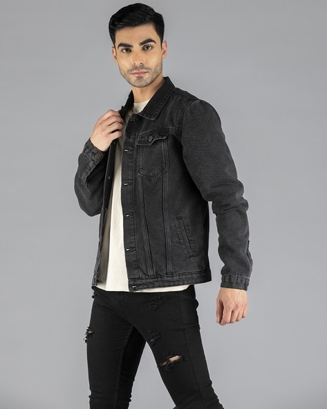 DENNISLINGO PREMIUM ATTIRE Genuine Leather Denim Jacket with Flap Pockets For Men (Black, S)