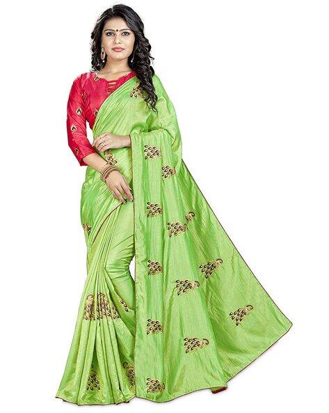 parrot green saree with contrast blouse