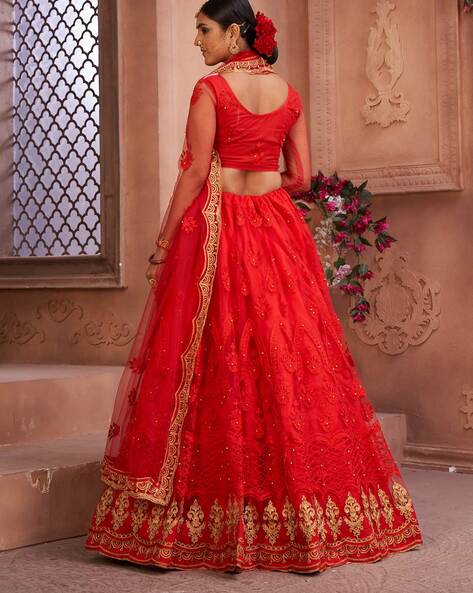 Red Ulyana Lehenga Set With Full Sleeve Madhuri Blouse And Dupatta