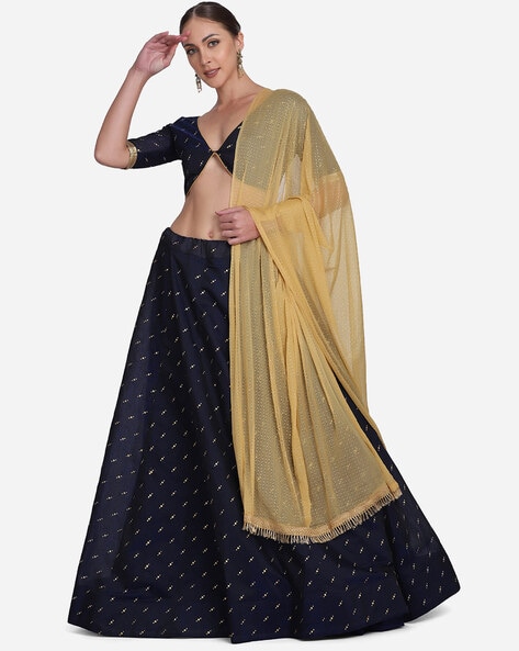 PINEAPPLE YELLOW LEHENGA WITH OYSTER FLORAL BLOUSE & AQUA BLUE DUPATTA –  Anisha Shetty