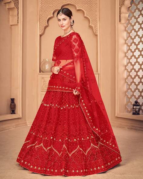 Buy Peach Net Embroidered Semi Stitched Lehenga Choli with Dupatta - Bhagya  Online at Best Price | Distacart