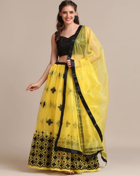 Muslin Cotton Black & Yellow Heavy Embroidered Lehenga Choli Set | Lehengas  for Navratri in USA – Ria Fashions
