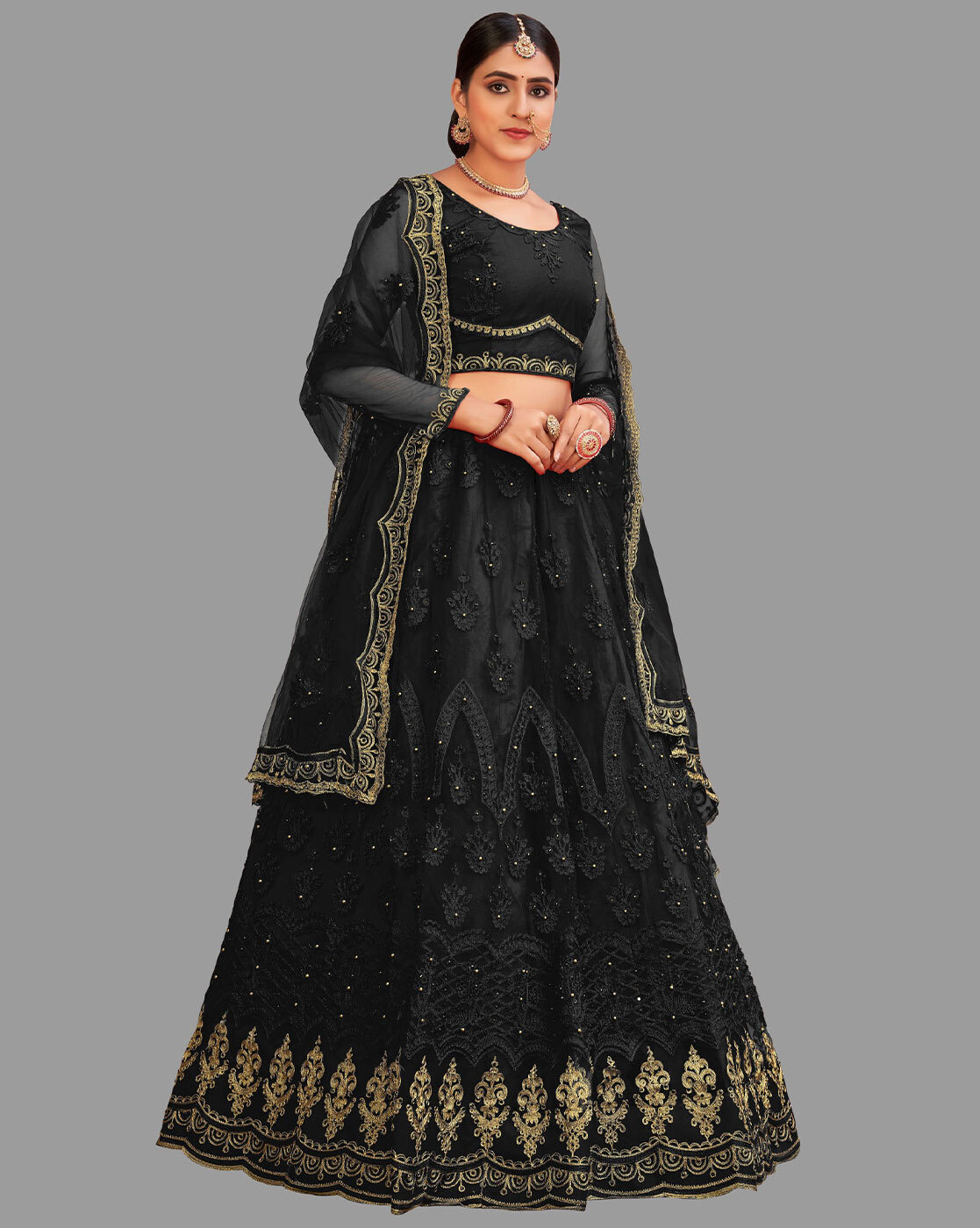 Black embroidered organza semi stitched lehenga - AAHVAN DESIGNS - 4033579