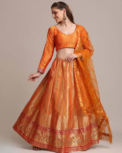 Buy Orange Lehenga And Blouse Raw Silk Dupatta Net Chevron Set For Women by  Archana Kochhar Online at Aza Fashions.