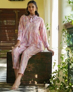 Buy SCAKHI Printed Round Neck Cotton Silk Women's Top Pant Blazer Co-Ord Set