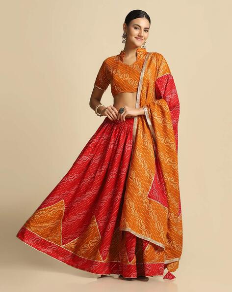 Mustard Color Patola Print Lehenga Choli in Jacquard Silk With Bandhani  Dupatta in USA, UK, Malaysia, South Africa, Dubai, Singapore