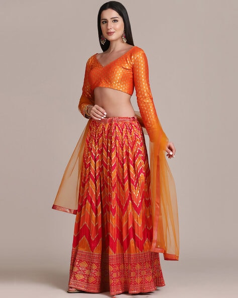 Orange Jacquard Lehenga With Pink Blouse