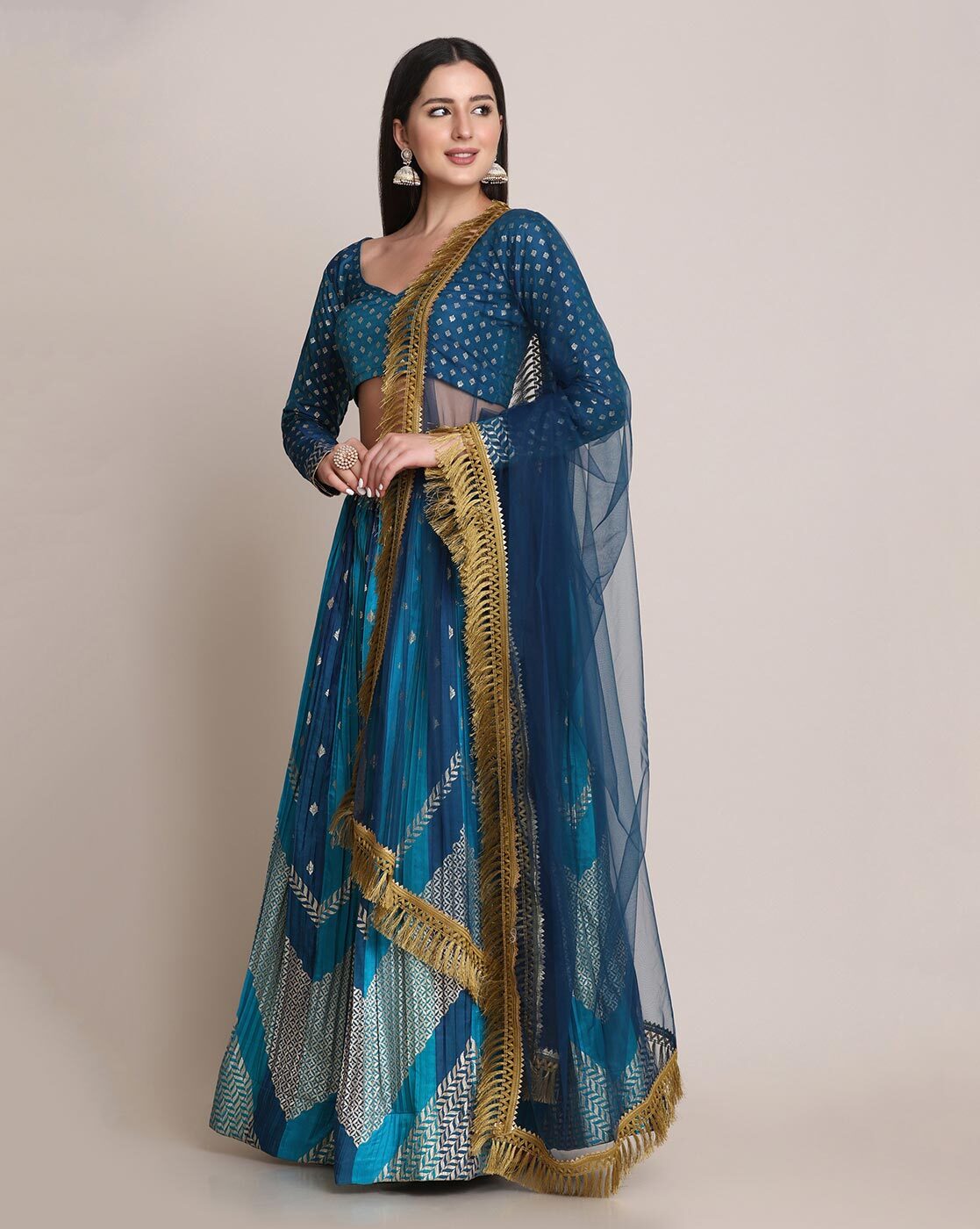 Navy Blue Lehenga Set with Multi-Coloured Embroidery and Gota Work -  Seasons India