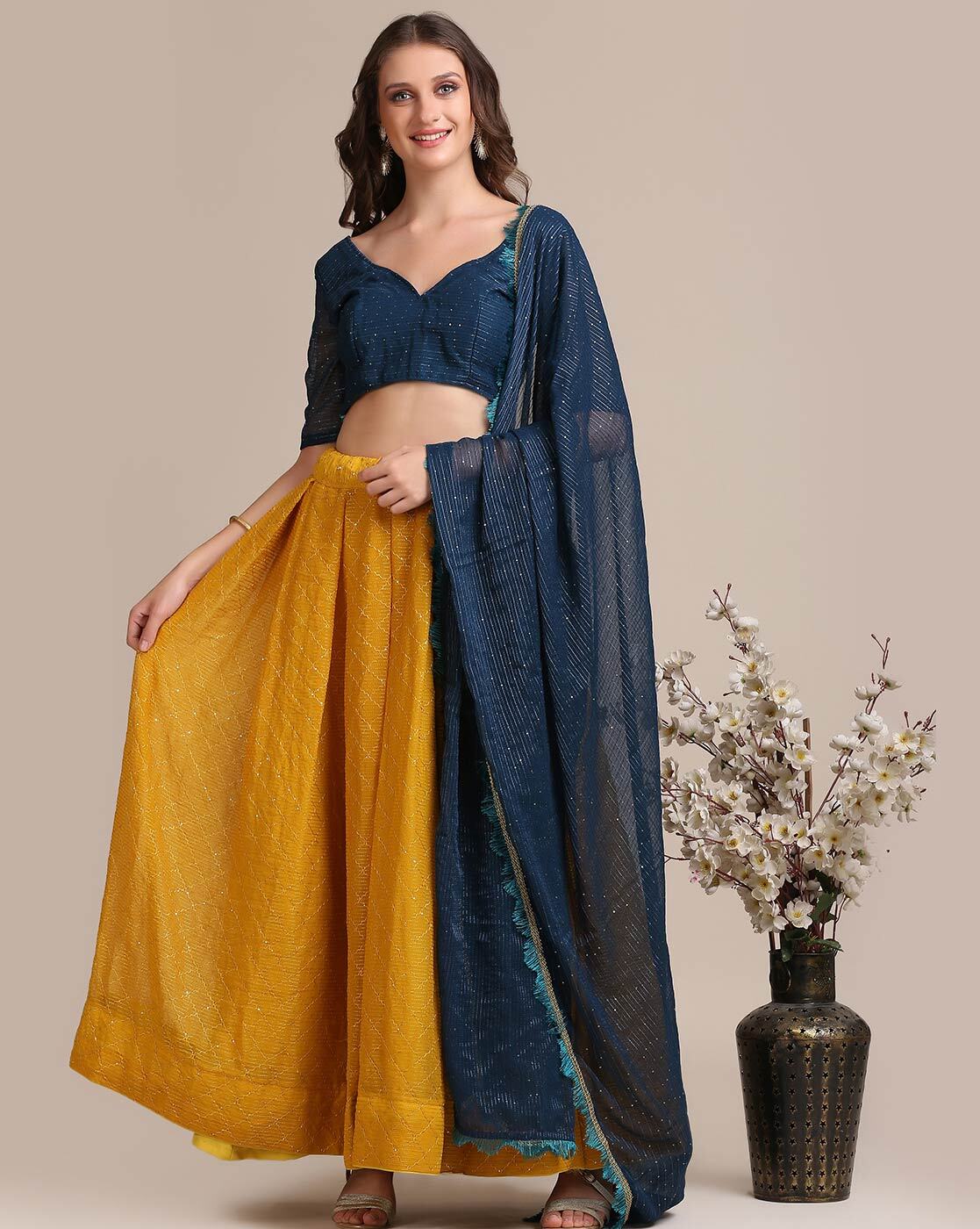 Buy Navy Blue and Yellow Trendy Designer Lehenga Choli Online