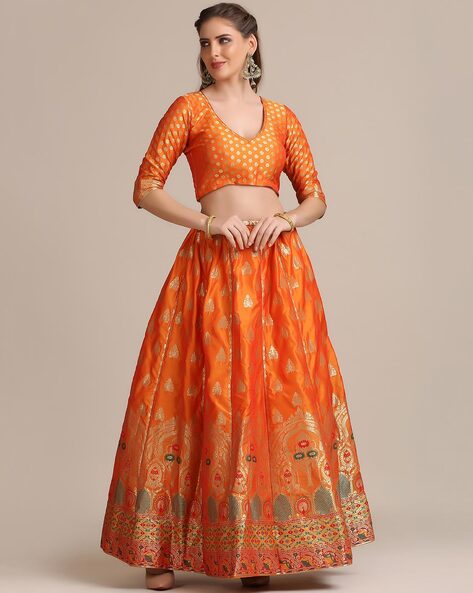 Orange Pure Silk Embroidered Crush Lehenga Set