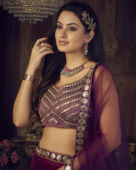 Wine Dazzling Faux Blooming Lehenga Choli with Sequins &