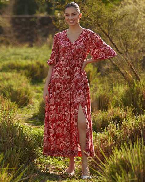 Delphine Red Floral Midi Dress – Beginning Boutique