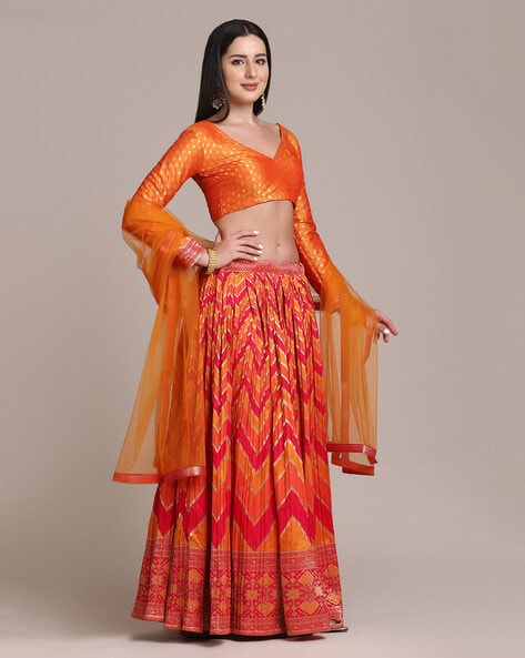 Pink Shaded Satin Silk Printed Lehenga with Cutdana Work Blouse -...