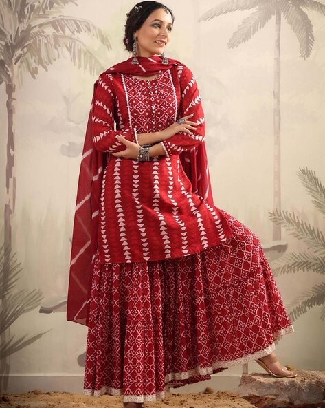 Buy Barberry Red Sharara Suit In Georgette With All Over Print And Churidar  Sleeves KALKI Fashion India