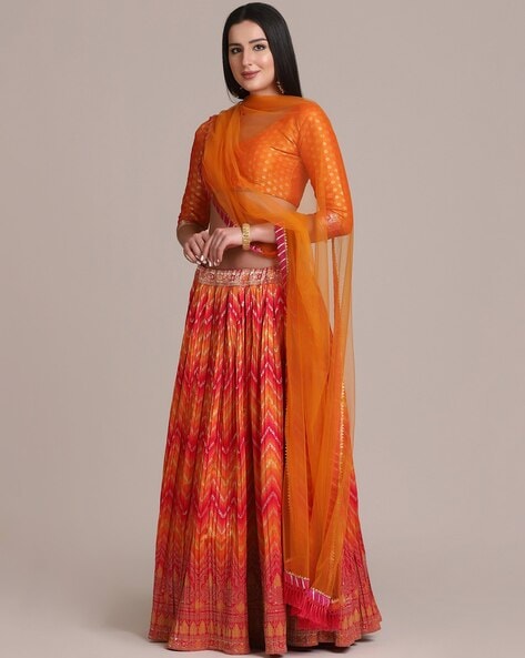 Redish Orange embroidered Semi Stitched Lehenga and Unstitched Blouse with  Dupatta - ShopGarb - 4223510