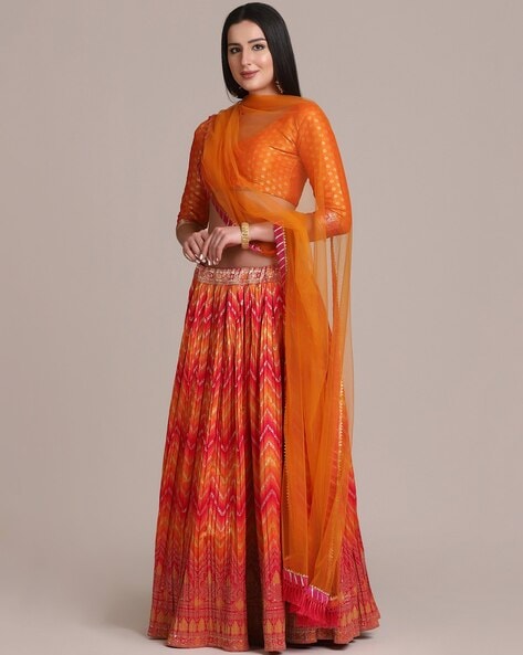 Orange Golden Floral Printed Lehenga Choli | Lehenga choli, Lehenga, Silk  lehenga