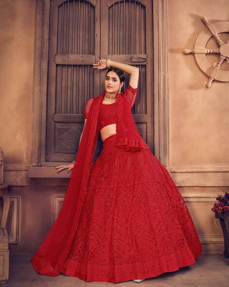 TRADITIONAL RED WEDDING LEHENGA WITH GOLDEN EMBROIDERED BLOUSE -