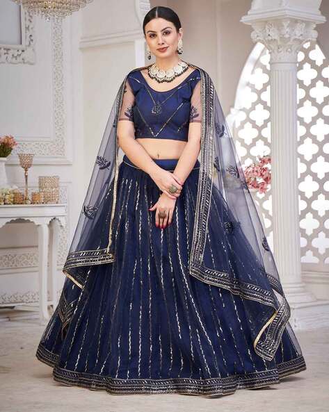 Shop Navy Blue Floral Embroidered Silk Party Wear Lehenga Choli From Ethnic  Plus