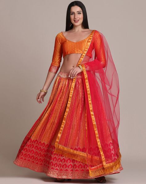 Shop Orange Banarasi Designer Lehenga Online in USA with Dupatta – Pure  Elegance