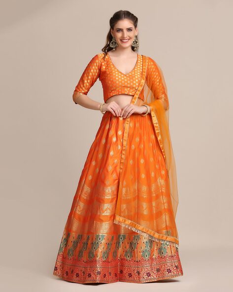 Sunshine Orange Lehenga Set with Dupatta. | Golden blouse designs, Orange  lehenga, Red wedding dresses