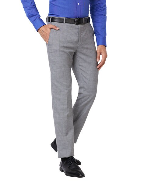 Buy Men Grey Super Slim Fit Check Flat Front Formal Trousers