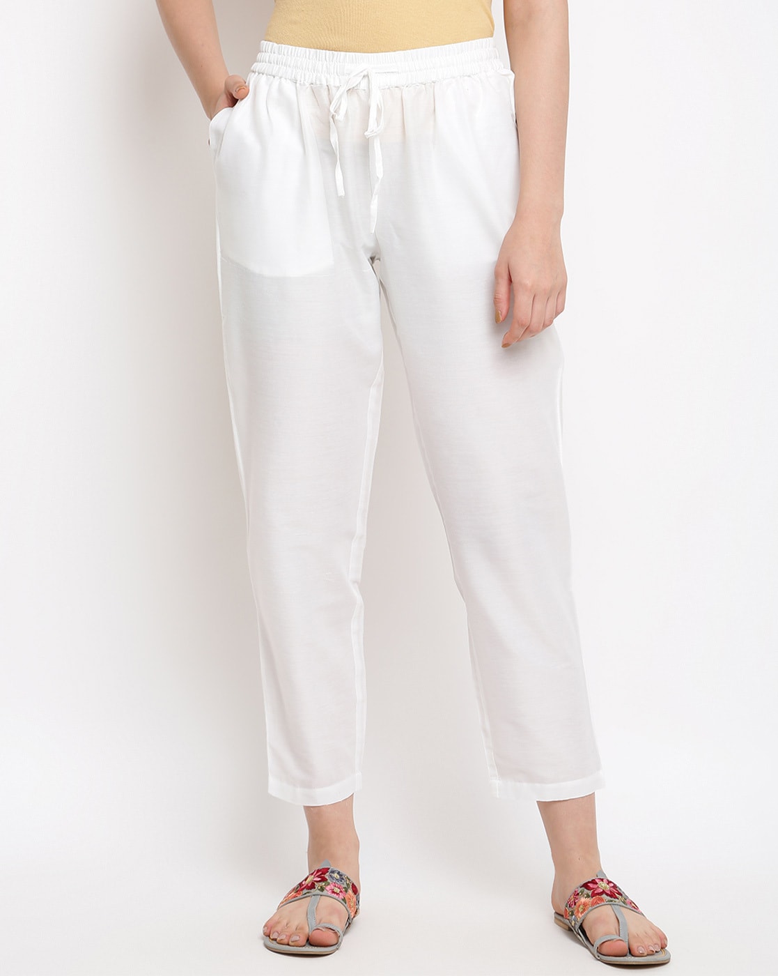 Buy GLOBAL DESI Off White Womens A-Line Applique Solid Casual Wear Trousers  | Shoppers Stop