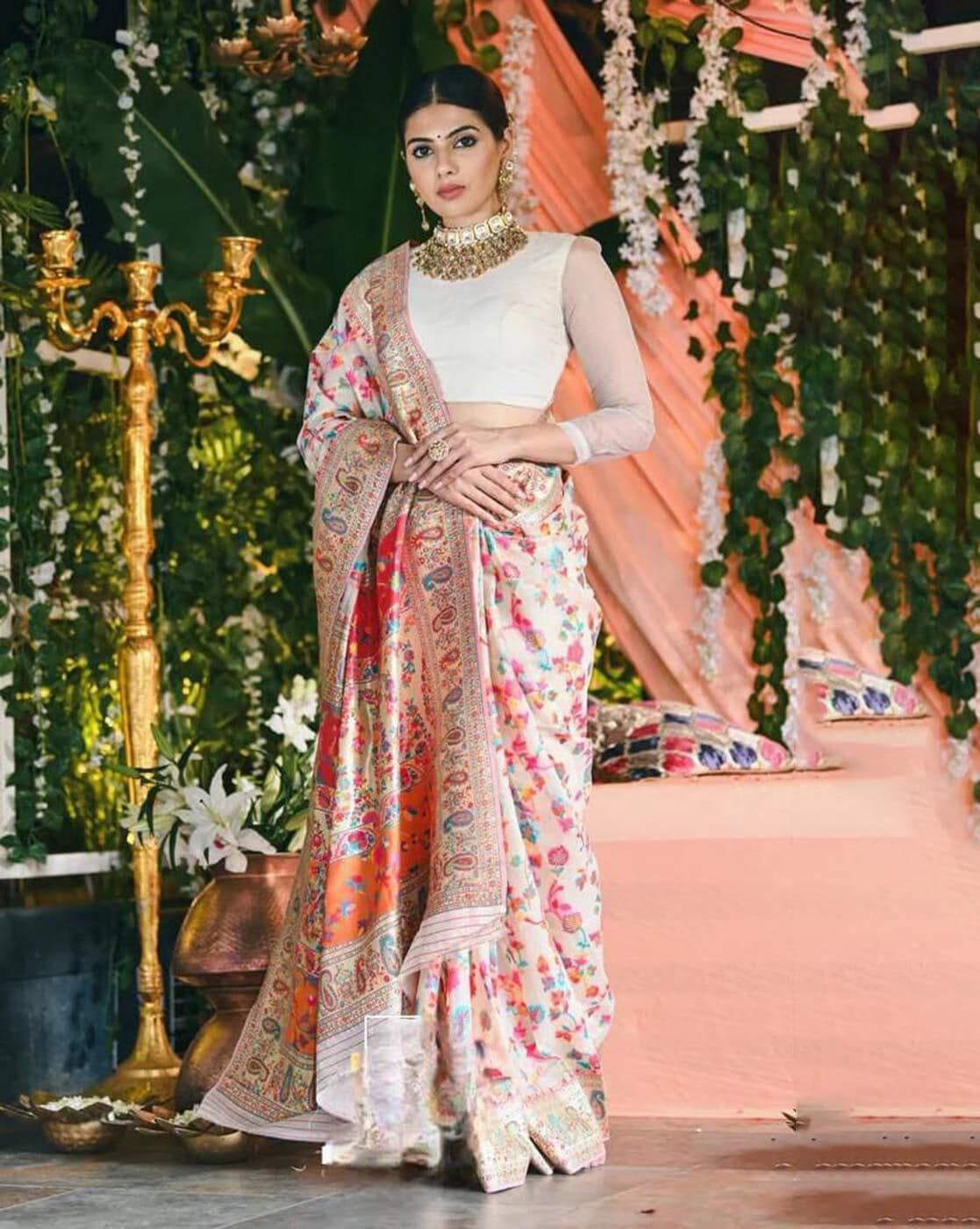 Buy White Saree - Organza And Cotton Modal Printed Floral Sheesh For Women  by Baise Gaba Online at Aza Fashions.