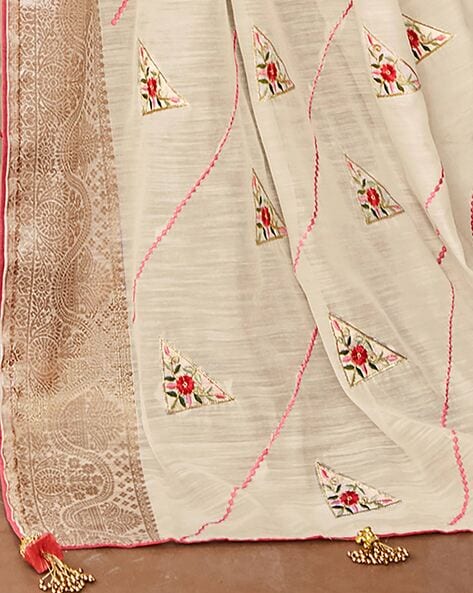 White Handwoven Silk Linen Saree with Embroidery Work | Gold Zari Bord –  kihums clothing