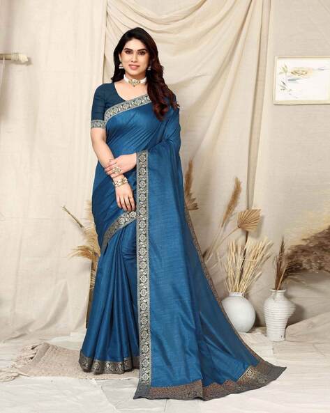 Teal Blue Satin Georgette Saree @Indian Couture